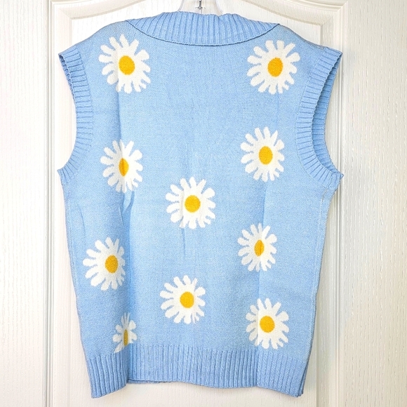 Women's Blue Daisy Knit Collared Sweater Vest Cap Sleeve V-Neck Pullover - Picture 5 of 12